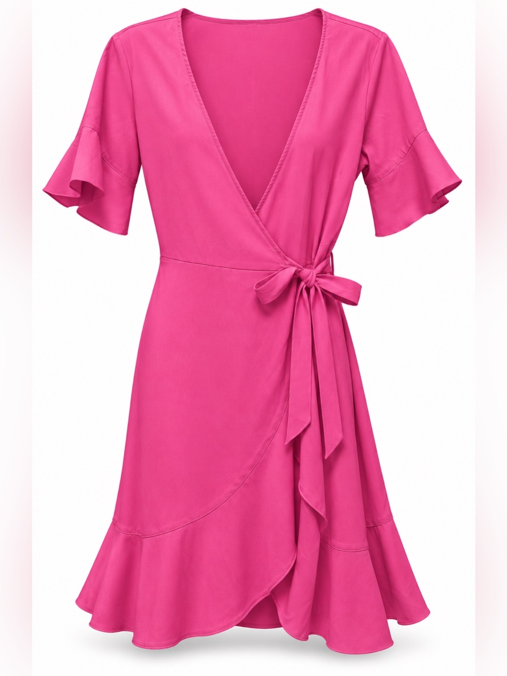 Women’s Hot Pink Satin Wrap Mini Dress with Ruffle Sleeves